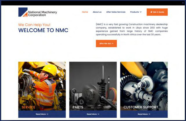 National Machinery Corporation website home page with service, parts and support sections